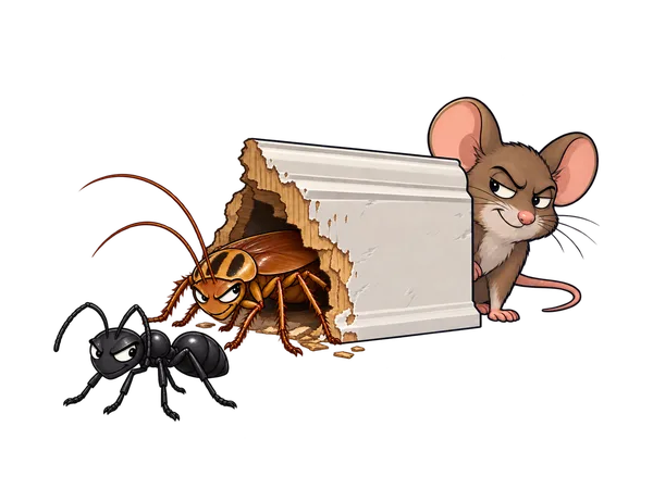 Cartoon bed bug, cockroach and mouse, pests commonly found indoors